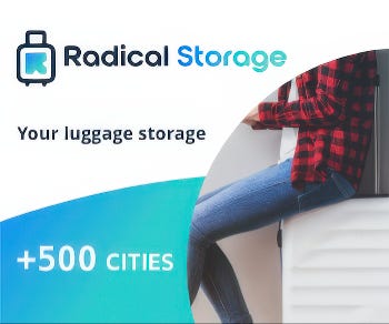 Person sitting on a large suitcase next to text promoting Radical Storage luggage service in 500+ cities.