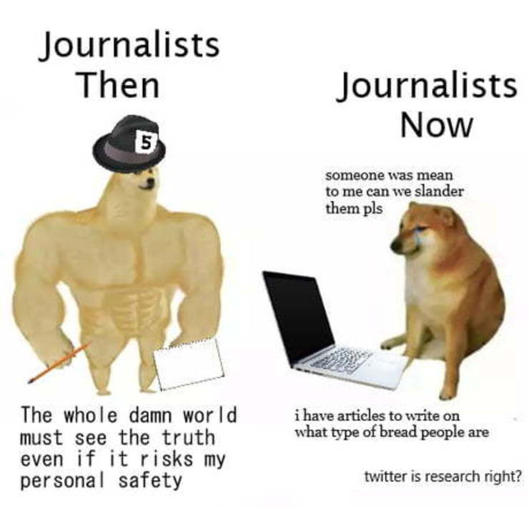 The Swoll Doge/Cheems meme has been used repeatedly to illustrate the decline in journalism.