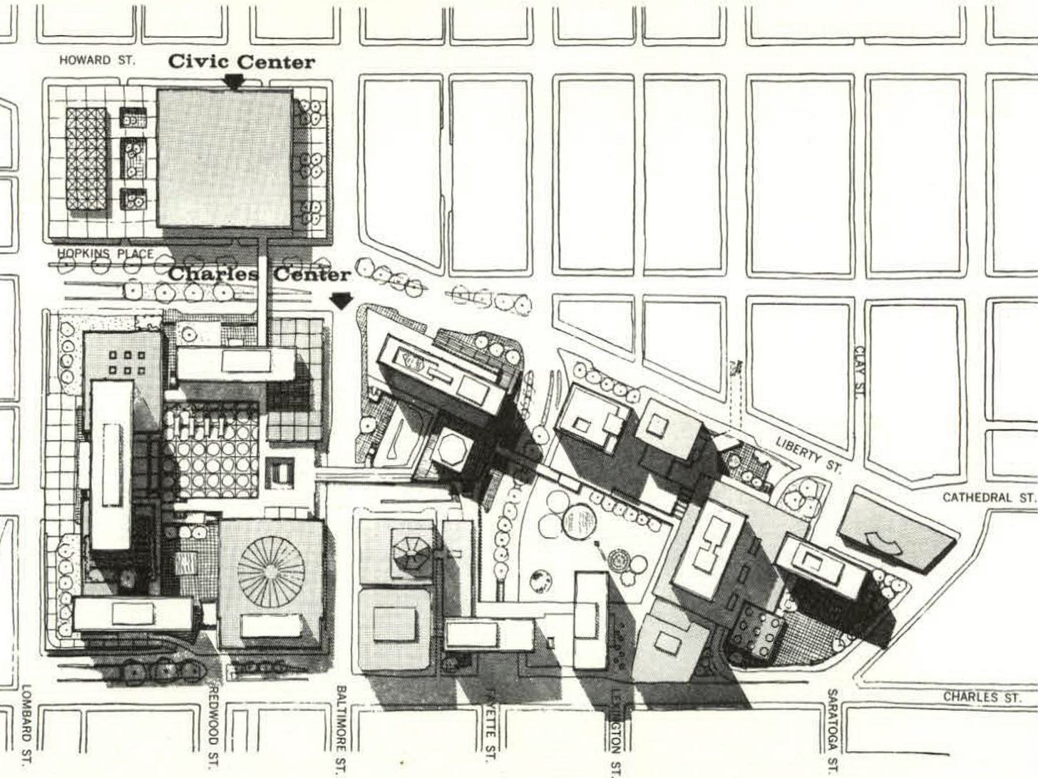 A scanned black and gray map depicting the Charles Center development in downtown Baltimore.