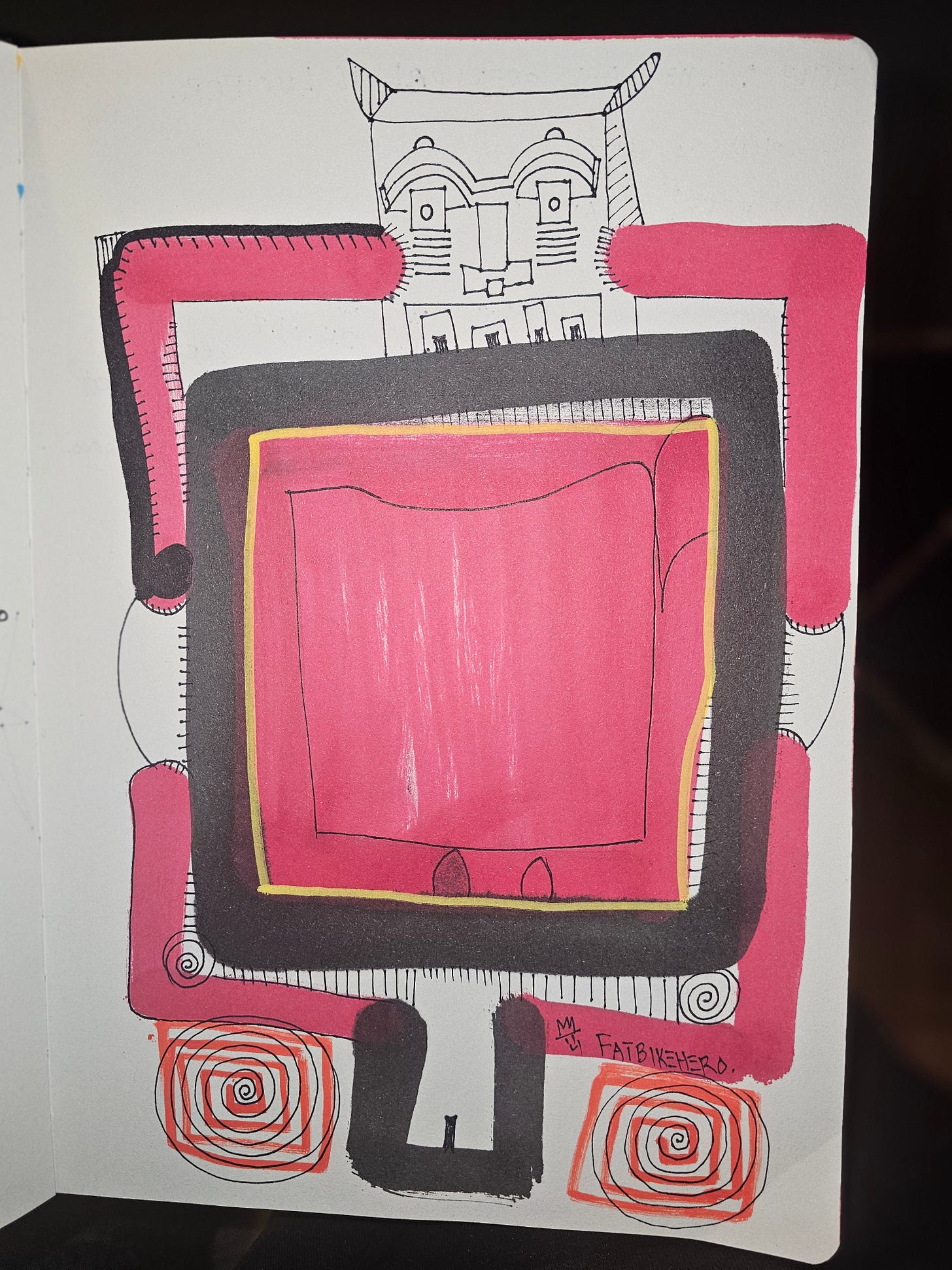 A sketchbook drawing by Fatbikehero depicting a stylized, horned robot figure with a large red square screen body. The figure has pink tubular arms, spiral feet, and a diagrammatic face. The style is abstract and raw, using markers and ink. A sketchbook drawing by Fatbikehero depicting a stylized, horned robot figure with a large red square screen body. The figure has pink tubular arms, spiral feet, and a diagrammatic face. The style is abstract and raw, using markers and ink.