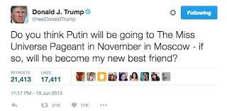 Matt Viser on X: "Donald Trump on Putin (June 18 2013) “Will he become my  new best friend?” Donald Trump on Putin (Oct 19 2016) “This is not my best  friend" https://t.co/kSqbrJFknH" /