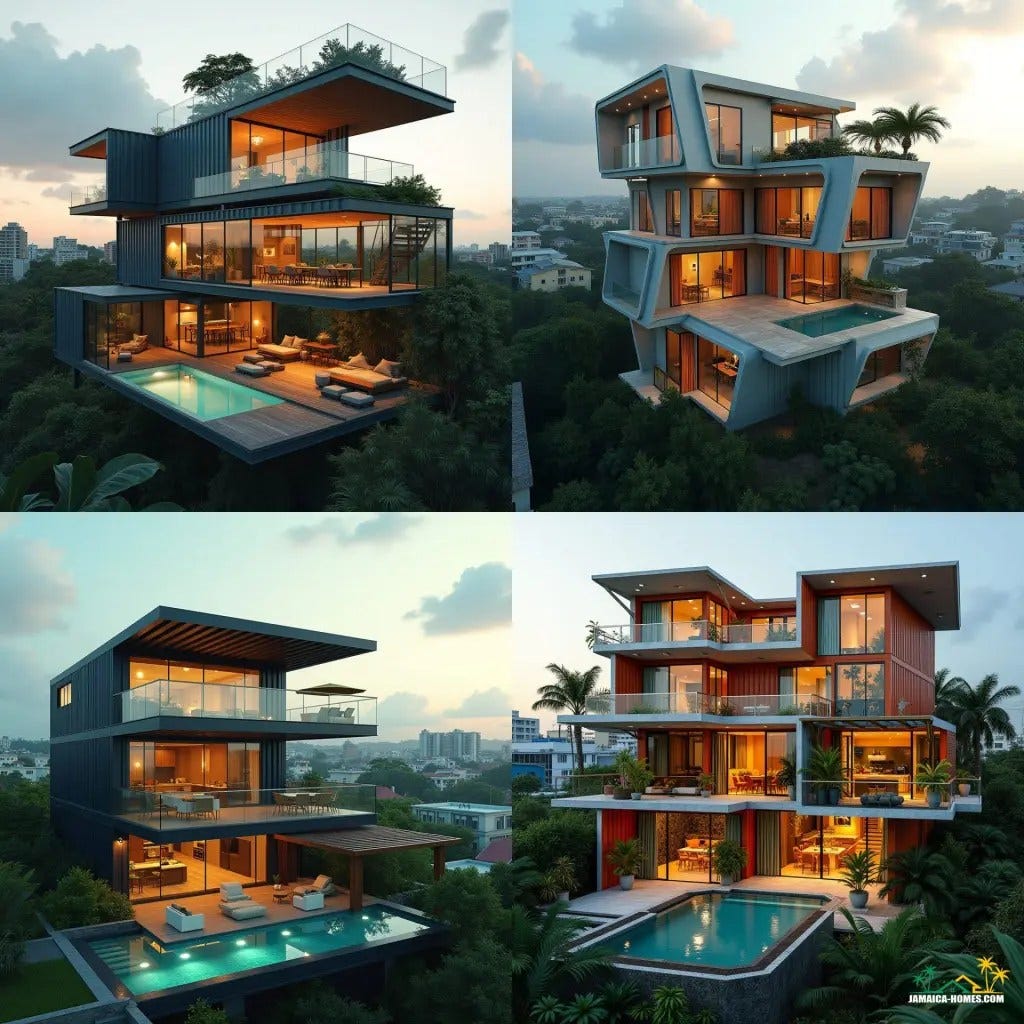 A three-story container home in Kingston, Jamaica, with bold, angular lines and unconventional module stacking, featuring cantilevered sections with glass-walled balconies, a rooftop recreational area with a small pool