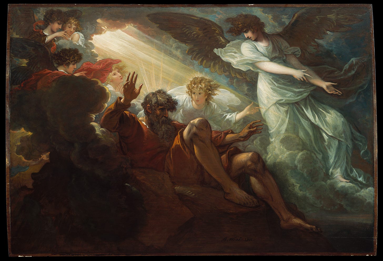 The painting Moses Shown the Promised Land by Benjamin West. apparently it's in the met. pretty dark painting, more modern than you'd think but trying to be renaissance-y, moses kinda falling backward but light shining down on the promised land which we can't see but it's just out of frame. per the bible verse or whatever