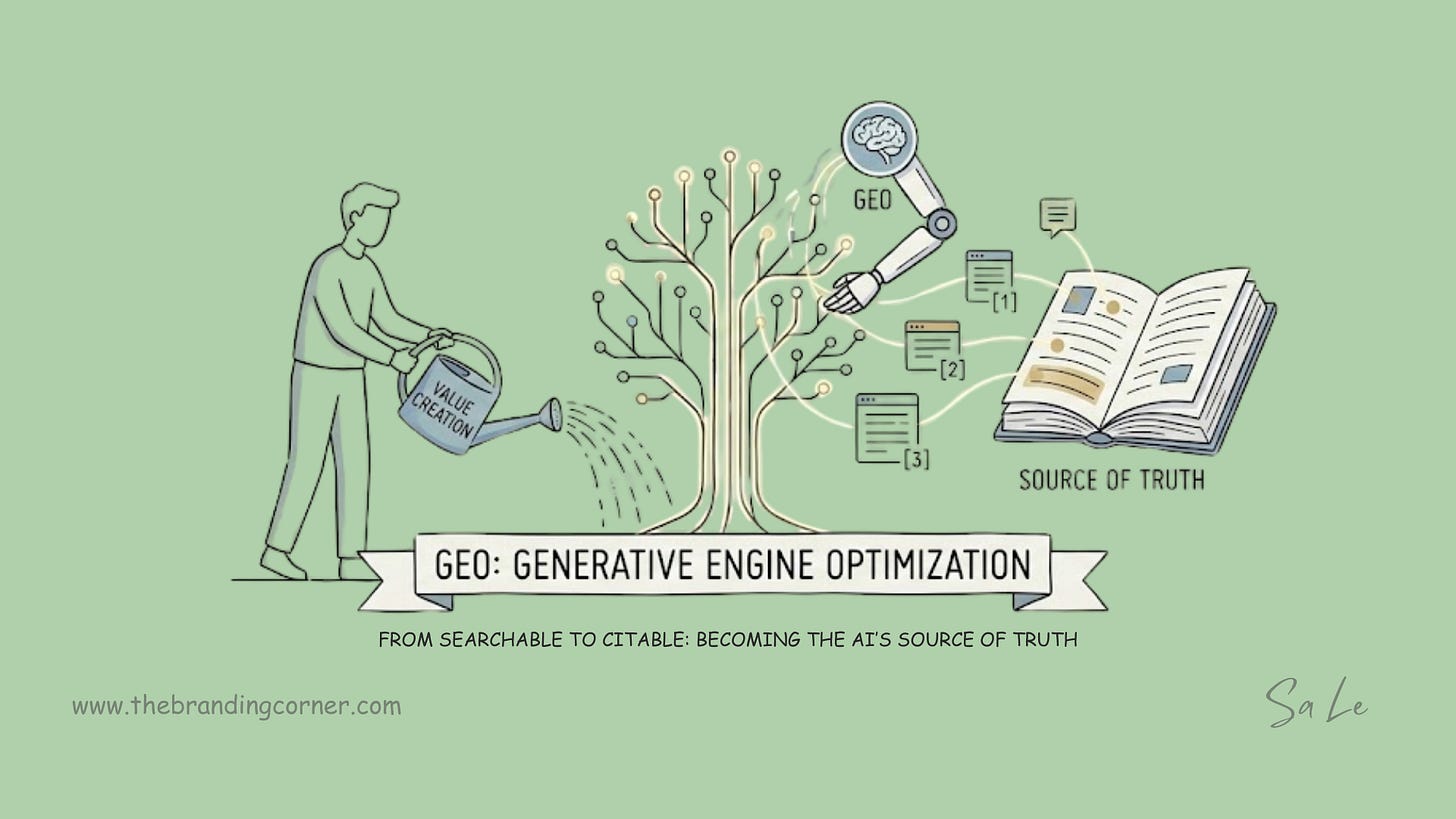A minimalist conceptual illustration of Generative Engine Optimization (GEO) on a sage green (#b0d0ab) background. It features a person watering a tree labeled "Value Creation," while an AI robotic arm labeled "GEO" extracts data points to populate an open book titled "Source of Truth." The banner reads "From Searchable to Citable: Becoming the AI's Source of Truth," representing the shift in digital authority for 2026.