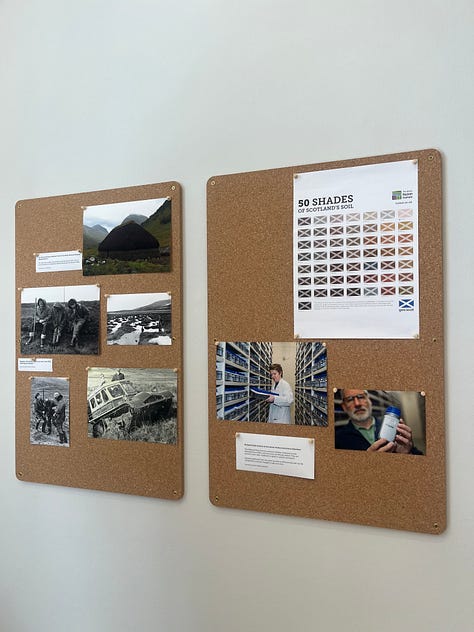 1. Ilana Halperin -- James Hutton (Parent Material) / woodblock on Yame washi paper; 2. Corkboard showing photo from the National Soils Archive and soil survey team; 3. Scotland Soil Survey maps pinned to a wall.