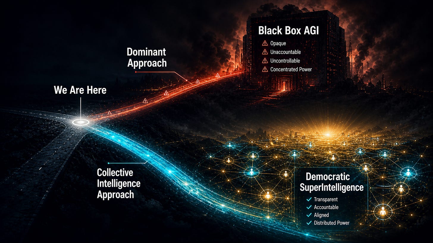 A road splits into two paths from a "We Are Here" marker. The upper path labeled Dominant Approach leads toward a dark monolithic Black Box AGI structure with warning signs. The lower path labeled Collective Intelligence Approach leads toward a glowing interconnected network of human nodes representing Democratic SuperIntelligence.
