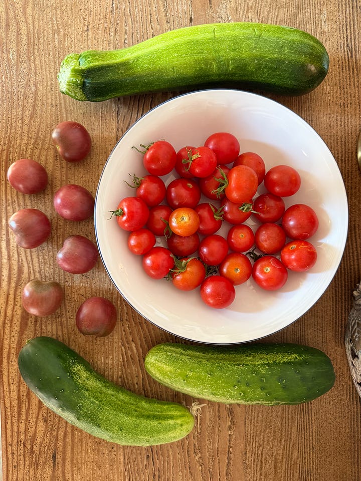 A man on a yellow ride-on mower on a green lawn; a barefoot boy walking a slackline between trees; a bowl of freshly picked cherry tomatoes with a zucchini; a plate of cucumber slices around hummus.