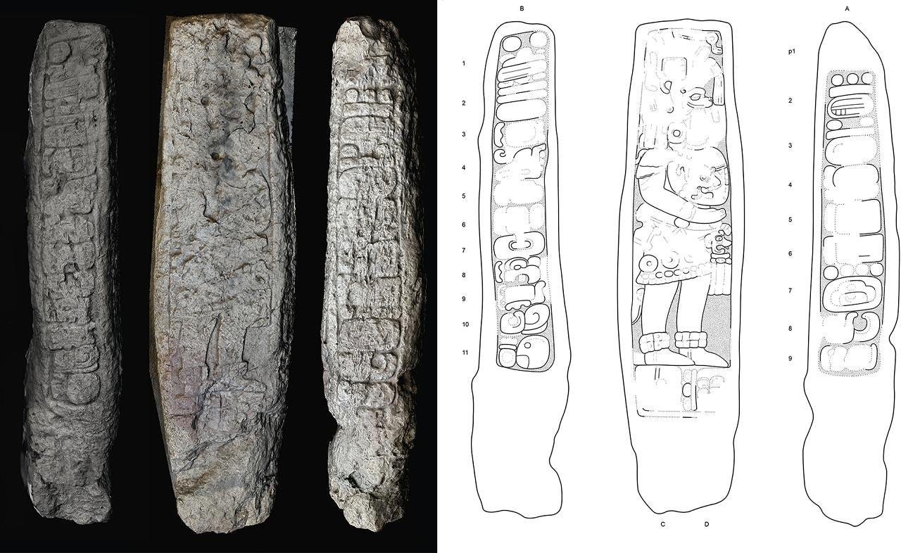 Stela 46, showing the left side, front face, and right side. 3D model by Kenichiro Tsukamoto, epigraphic drawing by Octavio Q. Esparza Olguín and Kenichiro Tsukamoto