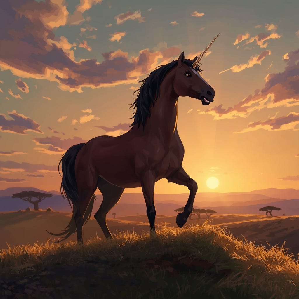 A cinematic digital illustration of a single magnificent unicorn standing at the crest of a low African ridge at golden hour, photographed from below and slightly to the side so the unicorn is silhouetted against the warm sky. The unicorn is powerful and grounded: deep chestnut coat with subtle iridescence, full dark mane, an elegant spiraled horn of polished bone rising from the forehead. The horn catches the last sunlight in a single bright highlight. Behind the unicorn, the savanna stretches to distant hills, with scattered acacia trees silhouetted at varying distances. A few rays of late sun break through high cirrus clouds, catching dust in the air and warming the grass. The unicorn is mid-step, one front hoof slightly raised, as if it has just arrived at this vantage point and is surveying what lies ahead. Mood: arrival, presence, dignified rarity, the moment before something happens. The animal has the weight and intelligence of a real horse, not the whimsy of a fantasy creature. Semi-realistic Pixar-meets-realism style, ultra-detailed coat textures, expressive eye, anatomically grounded. Rich warm palette: burnt sienna, deep gold, sage green, terracotta, amber, deep violet at the horizon. Cinematic widescreen composition, low-angle perspective for grandeur. High-end editorial illustration, artstation quality. No glow effects, no sparkles, no rainbow, no fantasy auras. The unicorn looks like a real animal that simply also has a horn. A cinematic digital illustration of a single magnificent unicorn standing at the crest of a low African ridge at golden hour, photographed from below and slightly to the side so the unicorn is silhouetted against the warm sky. The unicorn is powerful and grounded: deep chestnut coat with subtle iridescence, full dark mane, an elegant spiraled horn of polished bone rising from the forehead. The horn catches the last sunlight in a single bright highlight. Behind the unicorn, the savanna stretches to distant hills, with scattered acacia trees silhouetted at varying distances. A few rays of late sun break through high cirrus clouds, catching dust in the air and warming the grass. The unicorn is mid-step, one front hoof slightly raised, as if it has just arrived at this vantage point and is surveying what lies ahead. Mood: arrival, presence, dignified rarity, the moment before something happens. The animal has the weight and intelligence of a real horse, not the whimsy of a fantasy creature. Semi-realistic Pixar-meets-realism style, ultra-detailed coat textures, expressive eye, anatomically grounded. Rich warm palette: burnt sienna, deep gold, sage green, terracotta, amber, deep violet at the horizon. Cinematic widescreen composition, low-angle perspective for grandeur. High-end editorial illustration, artstation quality. No glow effects, no sparkles, no rainbow, no fantasy auras. The unicorn looks like a real animal that simply also has a horn.