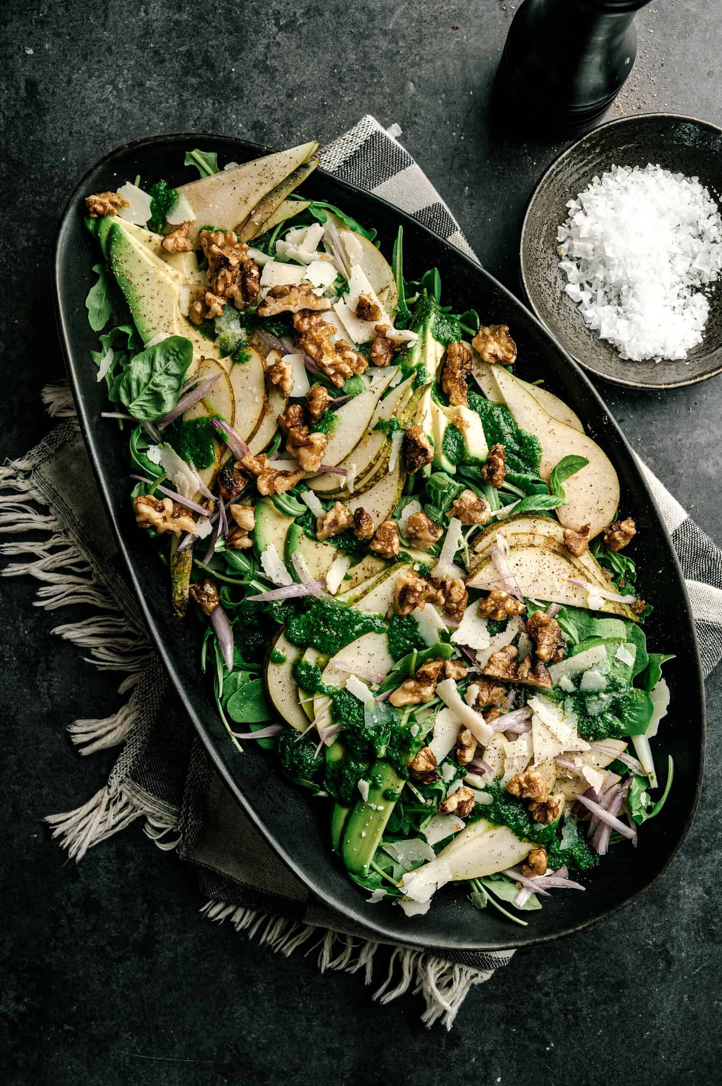 avocado pear recipes featuring arugula, candied walnut, and basil lime dressing. 