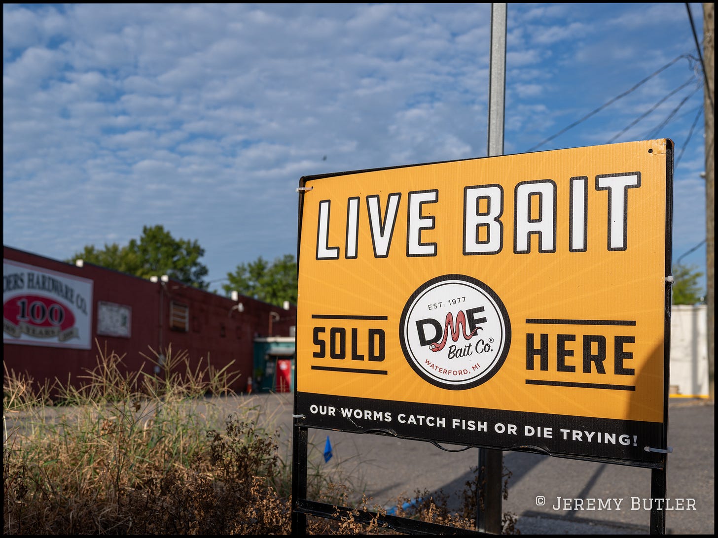 Yellow DMF Bait Co. live bait roadside sign in front of a hardware store in Northport, Alabama.
