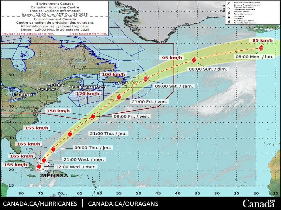 Satellite map of Tropical Storm Melissa in the Atlantic Ocean showing a curved yellow forecast track extending from the central Atlantic eastward toward the Bahamas and beyond with labeled wind speeds in km/h at various points along the path such as 95 km/h 100 km/h 120 km/h 150 km/h 155 km/h 165 km/h and 195 km/h. Timeline markers indicate dates and times from 08:00 Sun Oct 13 to 09:00 Thu Oct 17 with positions marked. The map includes latitude and longitude grids land outlines of North America the Caribbean and surrounding regions. Branding at the bottom reads Tropical Storm Melissa Environment Canada October 12 2022 Central Pacific Hurricane Center 2100 UTC October 12 2022 and CANADA HURRICANES CANADA OURGANS.