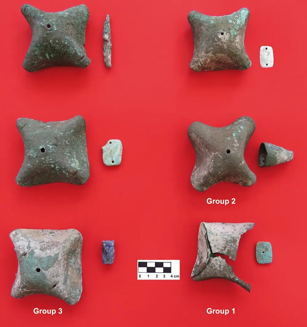 **The copper bells. Left column: Group 3 (top: bell 1; centre: bell 2; bottom: bell 6). Right column: Group 2 (top: bell 3; centre: bell 4) and Group 1 (bottom: bell 5, now fragmented).** Credit: Alconini S, Sánchez-Canedo W 2026 **The copper bells. Left column: Group 3 (top: bell 1; centre: bell 2; bottom: bell 6). Right column: Group 2 (top: bell 3; centre: bell 4) and Group 1 (bottom: bell 5, now fragmented).** Credit: Alconini S, Sánchez-Canedo W 2026