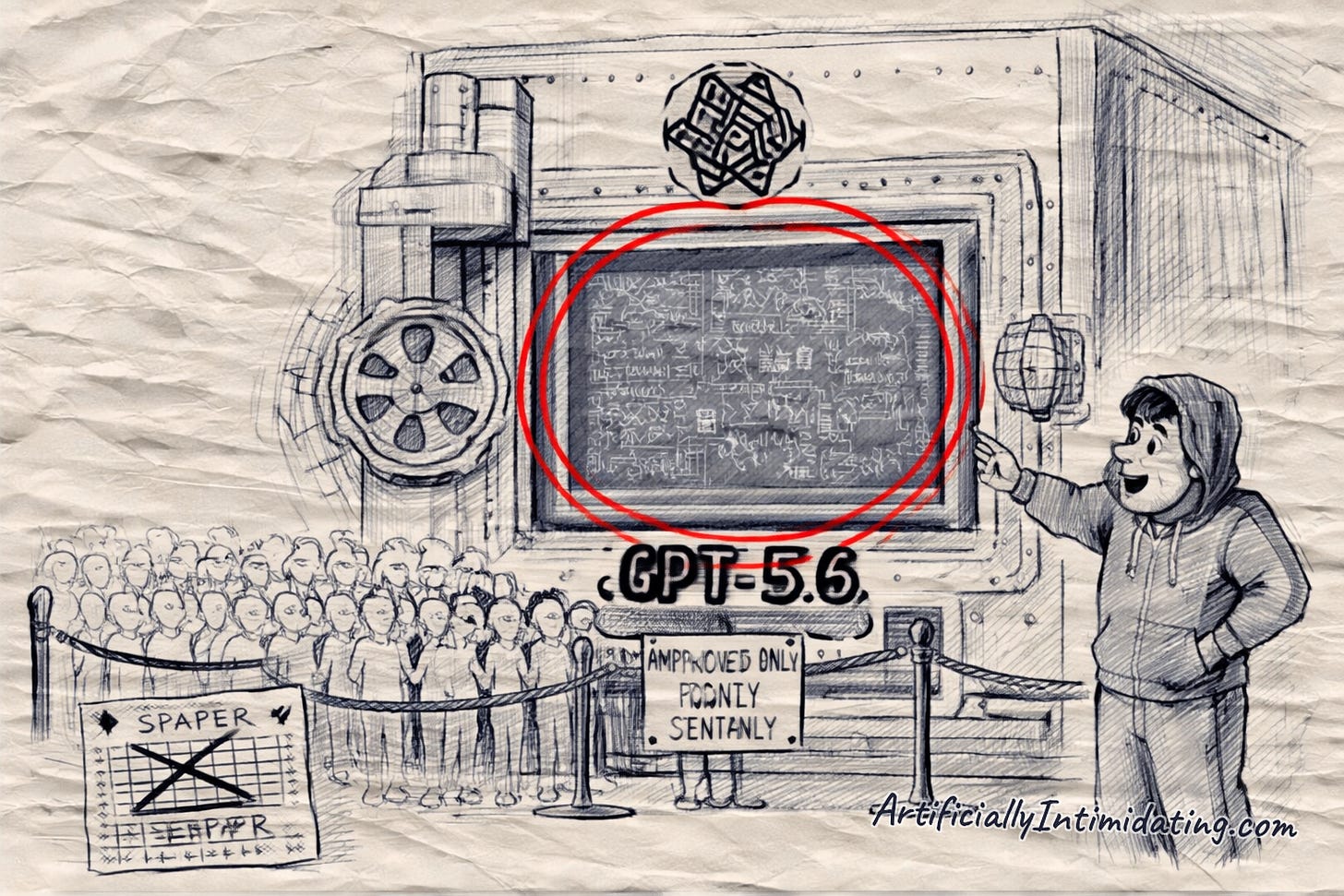 Cartoon: a giant GPT-5.6 vault with a chalkboard of math locked behind glass, a crowd held back by a velvet rope.
