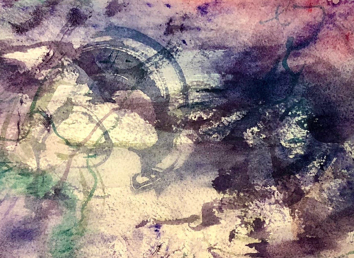 A close-up section of a watercolour painting reveals more defined details: a faint circular motif reminiscent of a compass or clock, partially obscured by layers of paint. The colours—mostly purple, blue, and green—bleed and blend into each other, creating a sense of depth and motion. Soft textures and ghostly white areas add to the ethereal, dreamlike quality.