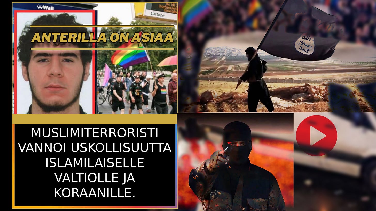 Islamilainen usko, sharia-laki ja ISIS:n kalifaatti-ideologia vastustavat kaikenlaista monimuotoisuutta, ihmisoikeuksia ja vapauksia - joita länsimaalainen sivilisaatio tarjoaa muun muassa seksuaali-, ja sukupuoliväemmistöille. Islamilainen usko, sharia-laki ja ISIS:n kalifaatti-ideologia vastustavat kaikenlaista monimuotoisuutta, ihmisoikeuksia ja vapauksia - joita länsimaalainen sivilisaatio tarjoaa muun muassa seksuaali-, ja sukupuoliväemmistöille.