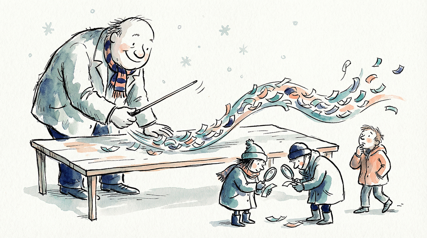 A whimsical watercolor illustration shows a large man in a scarf using a wand to conjure a stream of paper notes from a wooden table, while two children with magnifying glasses examine notes on the table, and another child watches. Snowflakes fall in the background.