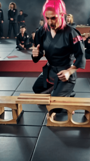 A woman ninja chops a plank of wood with her hand