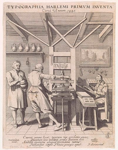Figures at a printing press. Origin: Haarlem. Date: 1628. Object ID: RP-P-OB-103.257.