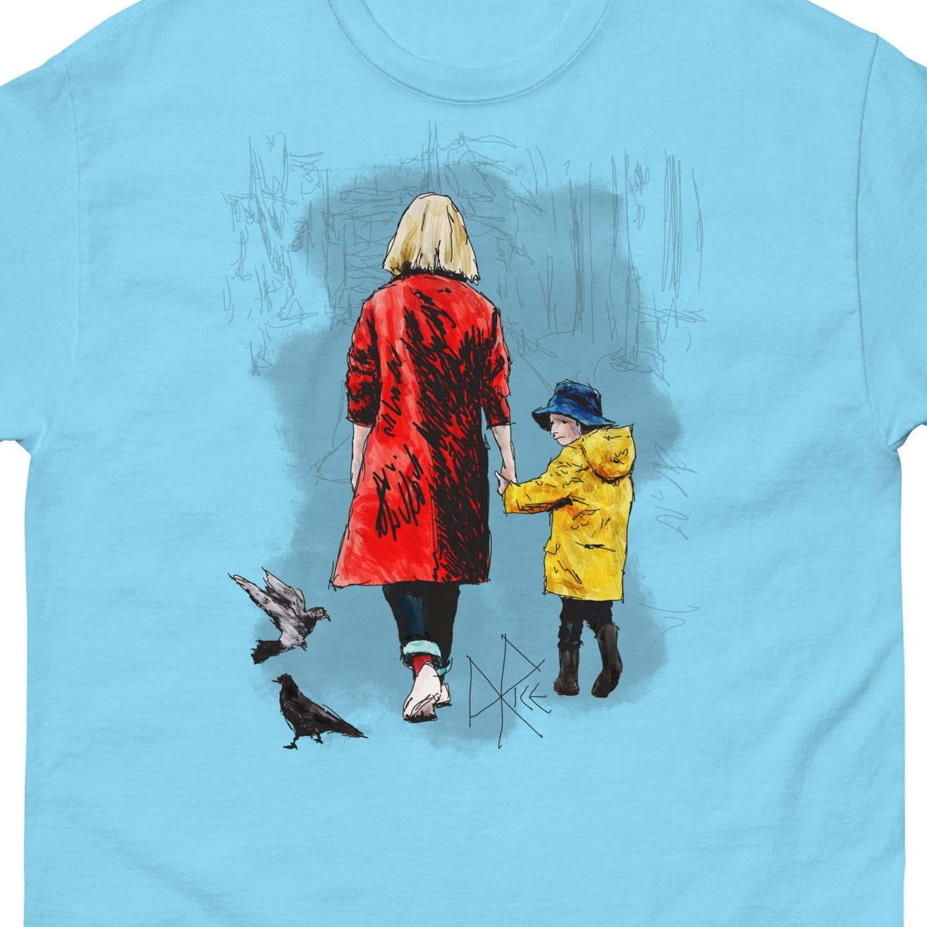 Backs to the viewer, a woman and child hold hands and stroll down a sidewalk. The child’s head is turned back to their rear in full alert, as an attempt to track the sounds and motions of two busy pigeons. Sketch art by Don Rice. Backs to the viewer, a woman and child hold hands and stroll down a sidewalk. The child’s head is turned back to their rear in full alert, as an attempt to track the sounds and motions of two busy pigeons. Sketch art by Don Rice.