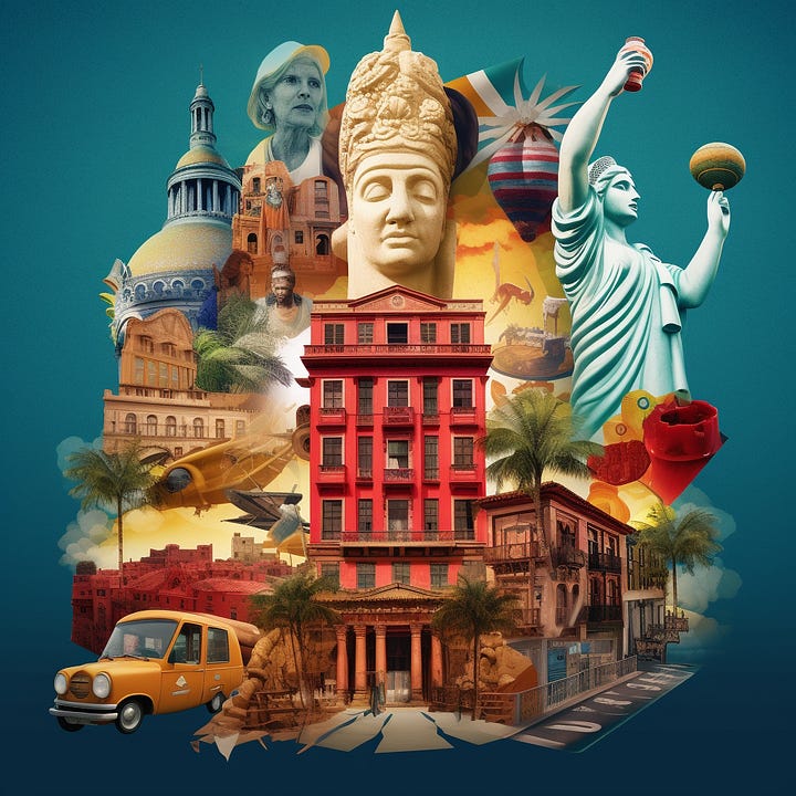 "Create an image that encapsulates the vibrant connection between South America and Europe during a transcontinental business journey. The image should showcase a seamless blend of cultural diversity and international commerce, featuring elements from Chile, Bogotá, and Madrid", Prompt para MidJourney