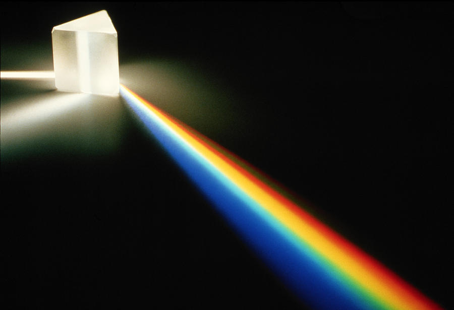 Photo of a triangular prism which decomposes white light into the colors of the rainbow.