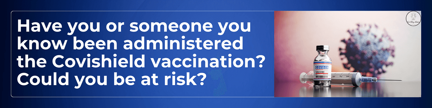 Banner post questioning readers about Covishield vaccination exposure. Features text 'Have you or someone you know been administered the Covishield vaccination? Could you be at risk?' on a blue background alongside an image of a Covishield vaccine vial, syringe, and a depiction of the coronavirus, prompting reader engagement.