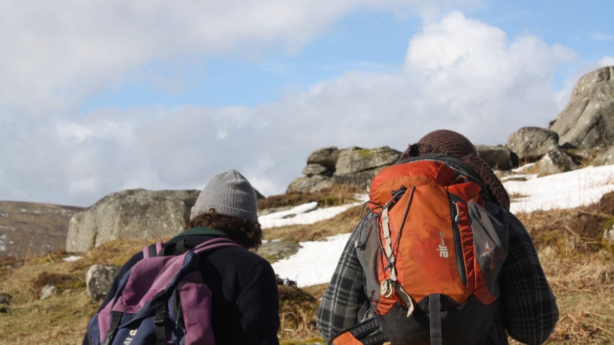 Friends hiking on Dartmoor in winter