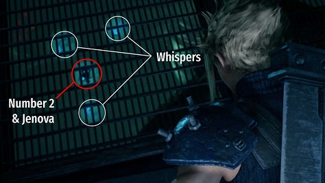 3 Whispers prevent Cloud from reaching Number 2 and thus ensure Jenova's escape.