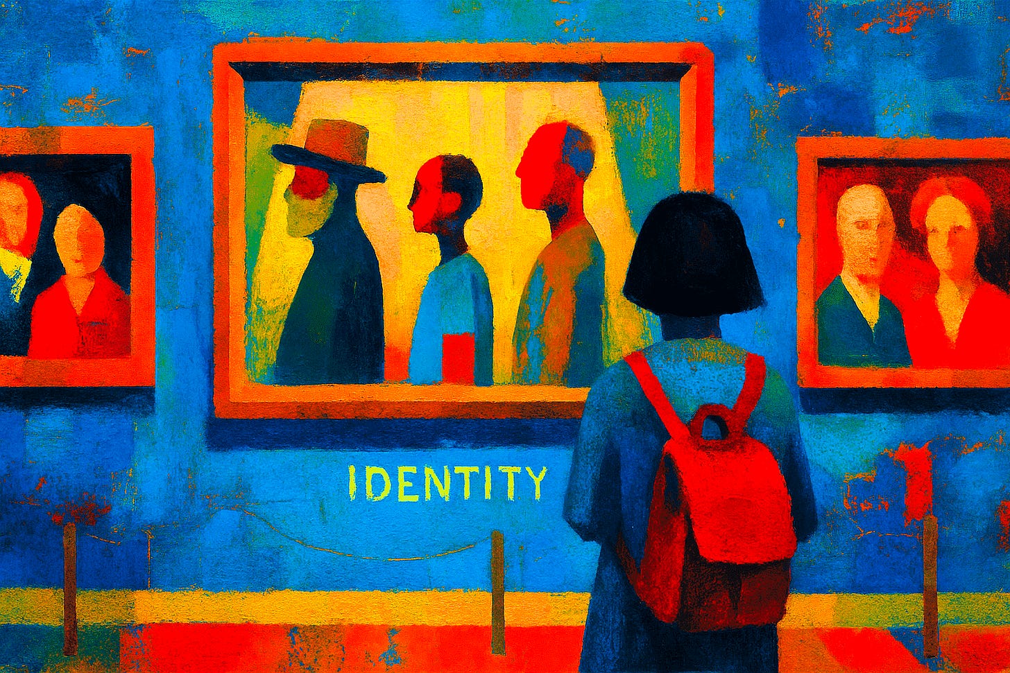 An Asian museum visitor seen from the back, looking at a painting titled "Identity," which shows three people standing in a row facing left: an older man, a young boy, and a middle-aged man.