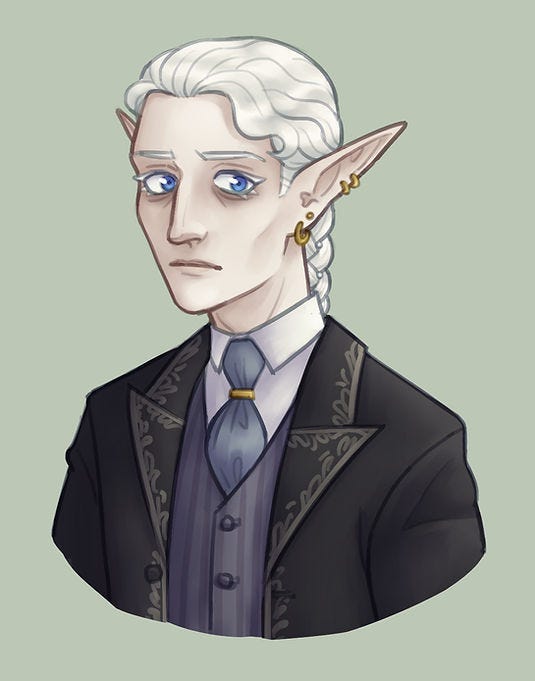 Elf with long white hair and blue eyes, wearing a formal suit with ornate designs on a pale green background, looking solemn. Elf with long white hair and blue eyes, wearing a formal suit with ornate designs on a pale green background, looking solemn.