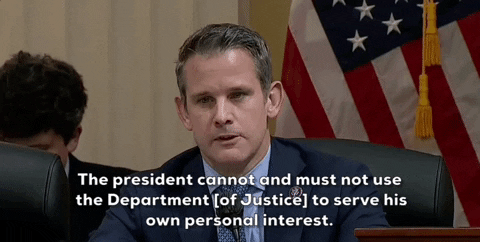 Congressman Adam Kinzinger at a House committee hearing, stating, “The president cannot and must not use the Department [of Justice] to serve his own personal interest.”