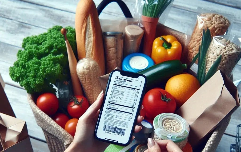 A person holding a grocery basket filled with various packaged foods, closely examining a label.