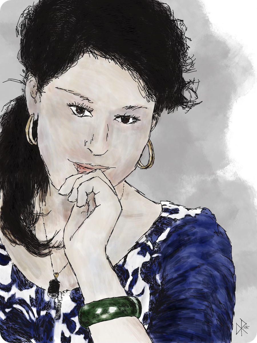 A close-up of a woman’s head and shoulder. She has worked hard on her hair, and is wearing some cool jewelry - large hoop earrings, a green chunky slip-on bakelite bracelet and a funky necklace to accessorize her blue and white dress. Sketch art by Don Rice.