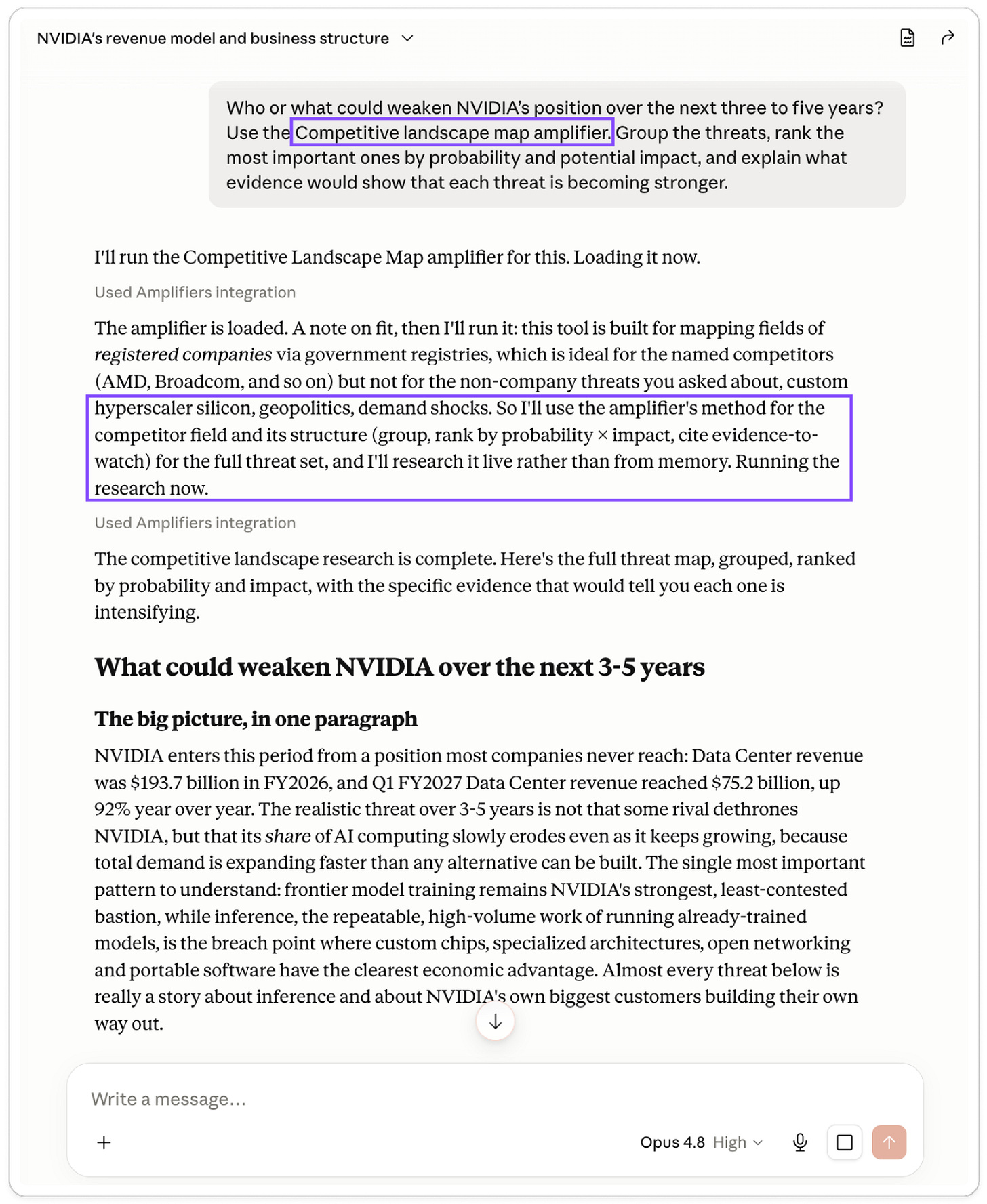The Competitive Landscape Map amplifier mapping threats to NVIDIA's position, with Claude flagging the tool's scope and extending the research to cover the full question.