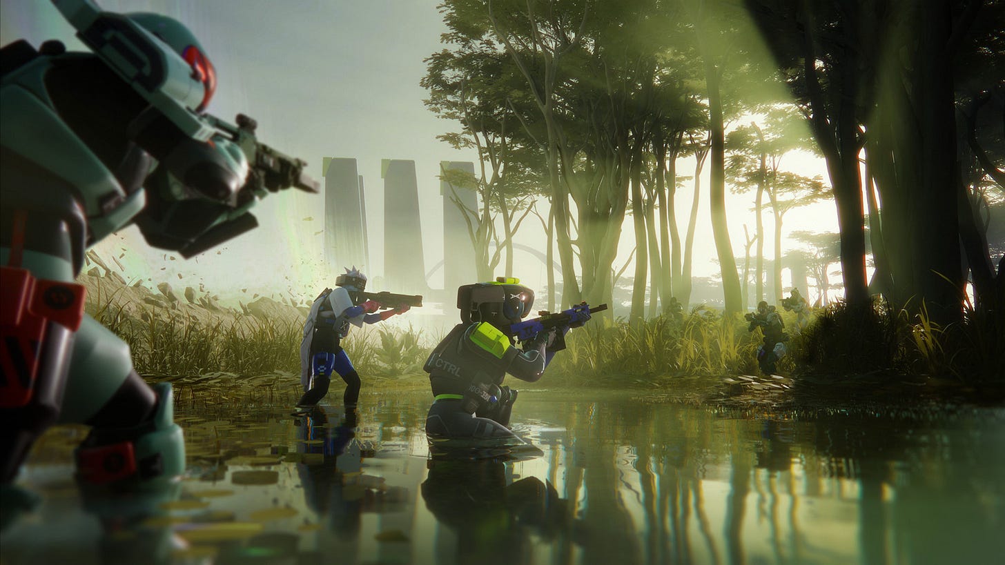 Three Runners creep across the swamplands of Dire Marsh, guns raised.
