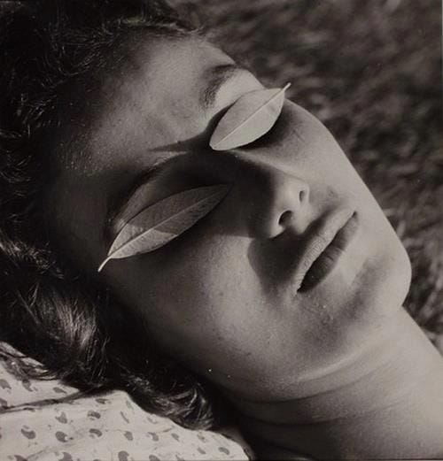 This may contain: black and white photograph of a woman with leaves on her eyes laying in the grass