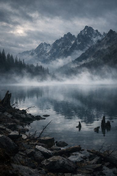 Lake Baratok in midafternoon, cold mist drifting over still water, jagged mountains looming, Barovian Gothic atmosphere