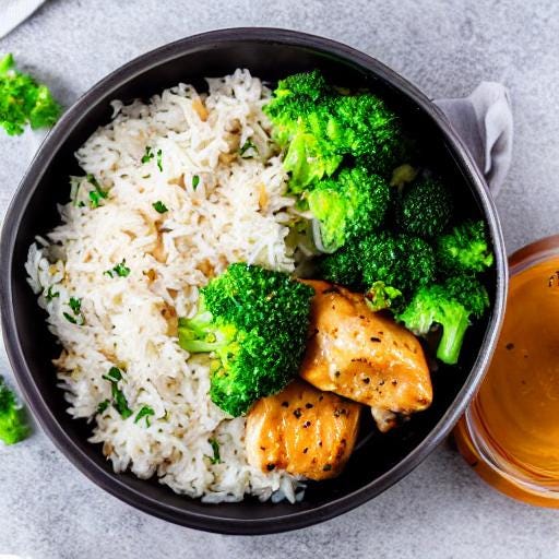 chicken, rice, and broccoli