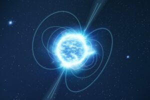 This artist’s impression shows a magnetar—a rare type of neutron star with an extraordinarily powerful magnetic field. Neutron stars are among the most compact and extreme objects in the universe, typically containing more mass than the Sun compressed into a sphere only about 12 miles wide. In the image, the neutron star appears as a white-blue sphere, with magnetic field lines illustrated as filaments streaming from its poles.