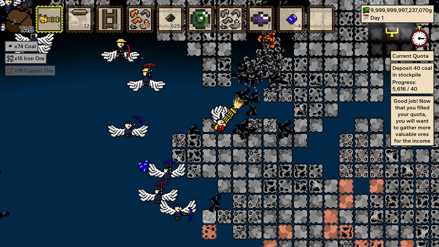 Coal LLC gameplay screenshot showing a minigun and worker NPCs getting ore