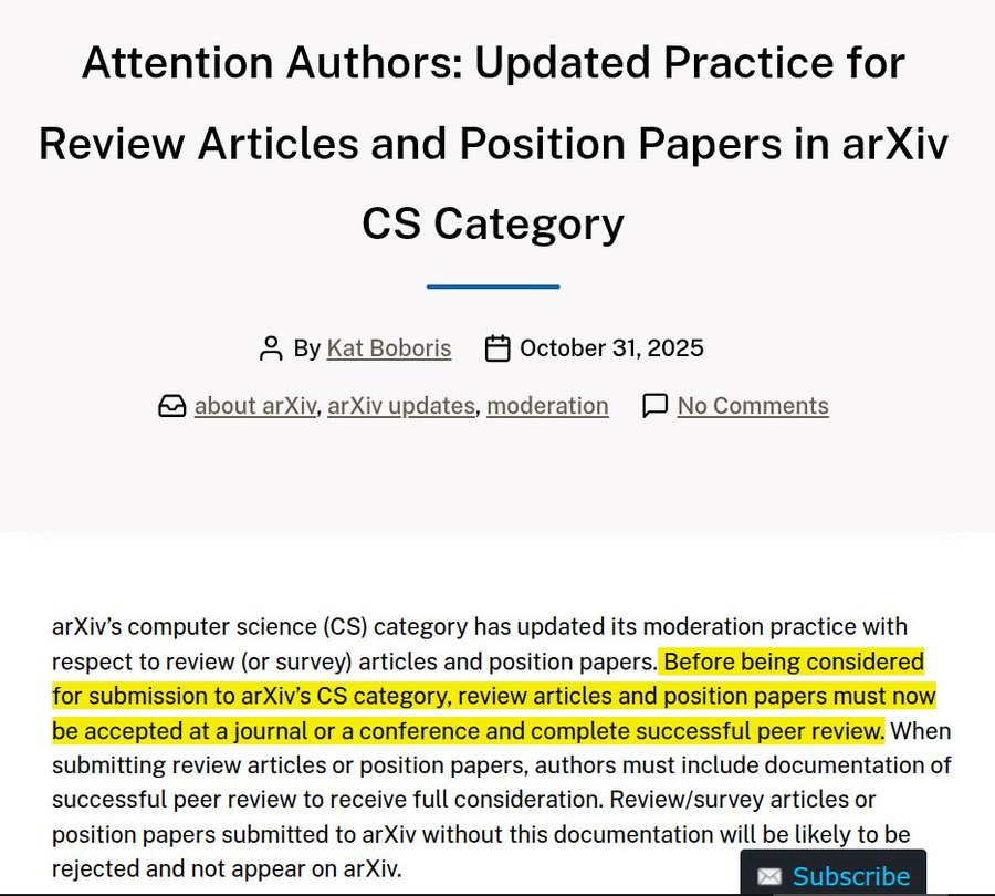 Screenshot of arXiv blog post titled Attention Authors: Updated Practice for Review Articles and Position Papers in arXiv CS Category dated October 31 2025. Text explains that arXiv computer science category has updated moderation practice requiring review or survey articles and position papers to be peer-reviewed and accepted by a journal or conference before submission. It states authors must provide proof of successful peer review and that submissions without documentation will be rejected. Includes links to arXiv updates and moderation guidelines. Screenshot of arXiv blog post titled Attention Authors: Updated Practice for Review Articles and Position Papers in arXiv CS Category dated October 31 2025. Text explains that arXiv computer science category has updated moderation practice requiring review or survey articles and position papers to be peer-reviewed and accepted by a journal or conference before submission. It states authors must provide proof of successful peer review and that submissions without documentation will be rejected. Includes links to arXiv updates and moderation guidelines.