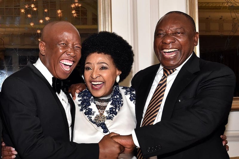The late Winnie Madikizela-Mandela flanked by President Cyril Ramaphosa and EFF leader Julius Malema at her 80th birthday celebration. Picture: ELMOND JIYANE/GCIS