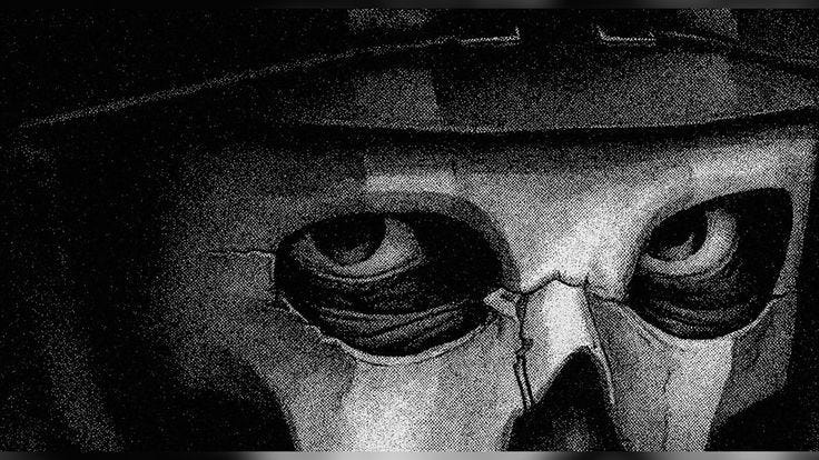 This may contain: a black and white photo of an evil looking skull wearing a hat with eyes wide open