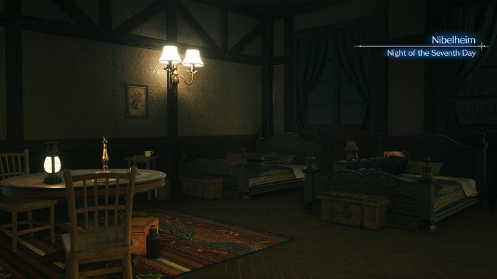 SOLDIER Cloud (Zack) wakes up on the seventh day and goes to check on Sephiroth, alone.
