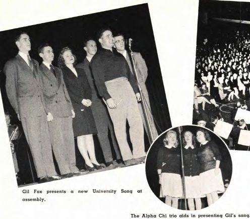 Yearbook picture of Gil Fox singing Ay Ziggy Zoomba.