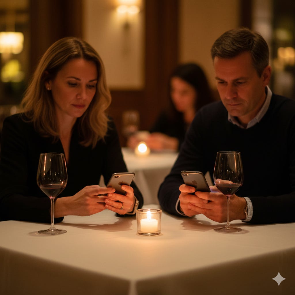 A couple sits at a fine restaurant table, wine glasses full, both looking at their phones rather than each other, a candle burning between them in the silence