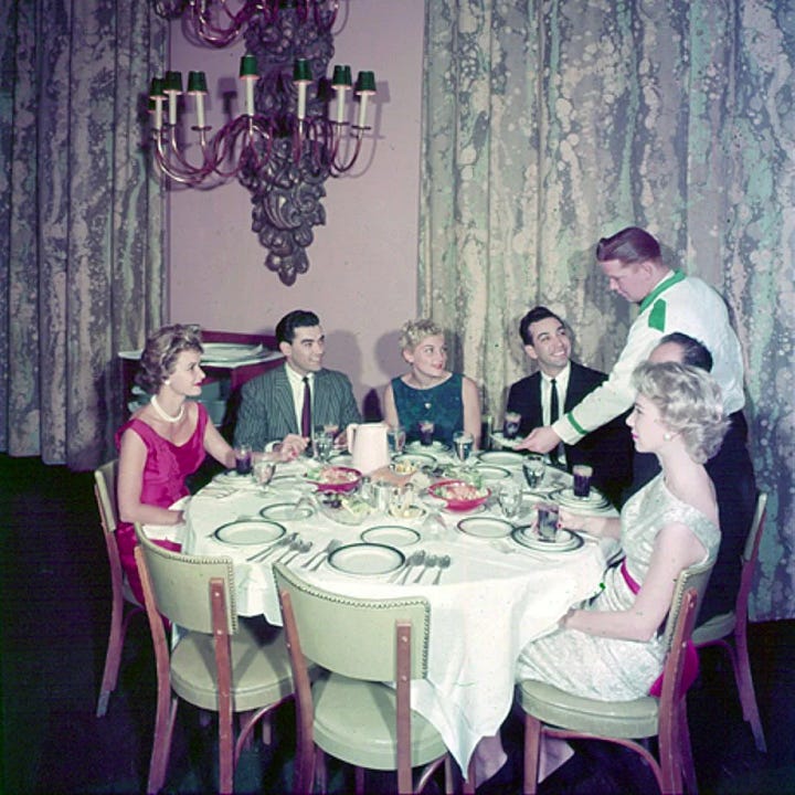 two imaged of a mid century dinner party at a restaurant with a waiter. One image has a Black waiter the other a white waiter.