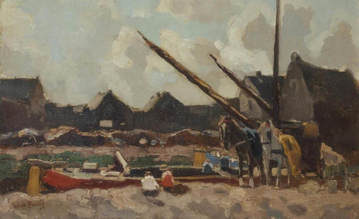 'Laadpunt van de pramen aan een vaart in een dorpje' - marouflé: Willem de Zwart (Kavel 2920, Veilinghuis De Ruiter) 'Laadpunt van de pramen aan een vaart in een dorpje' - marouflé: Willem de Zwart (Kavel 2920, Veilinghuis De Ruiter)