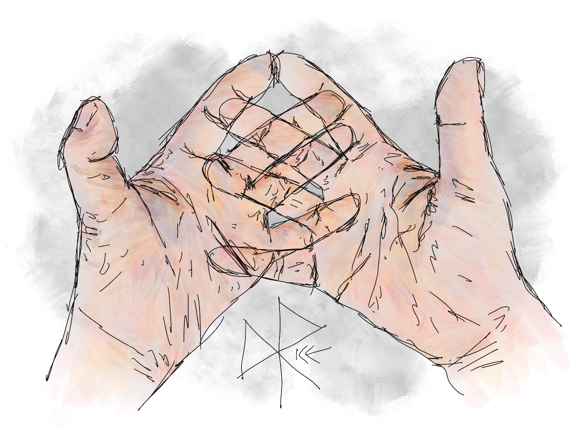 A dreamy self-portrait of my old man hands, translucently interlaced. Sketch art by Don Rice.